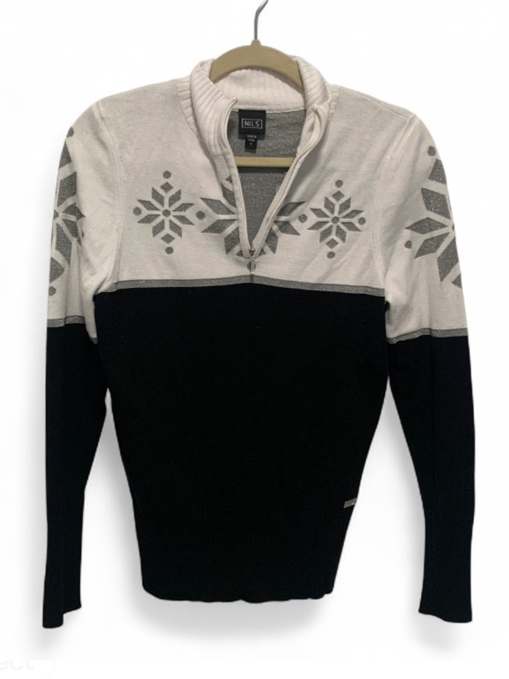 NILS Black & White Half-Zip Snowflake Sweater